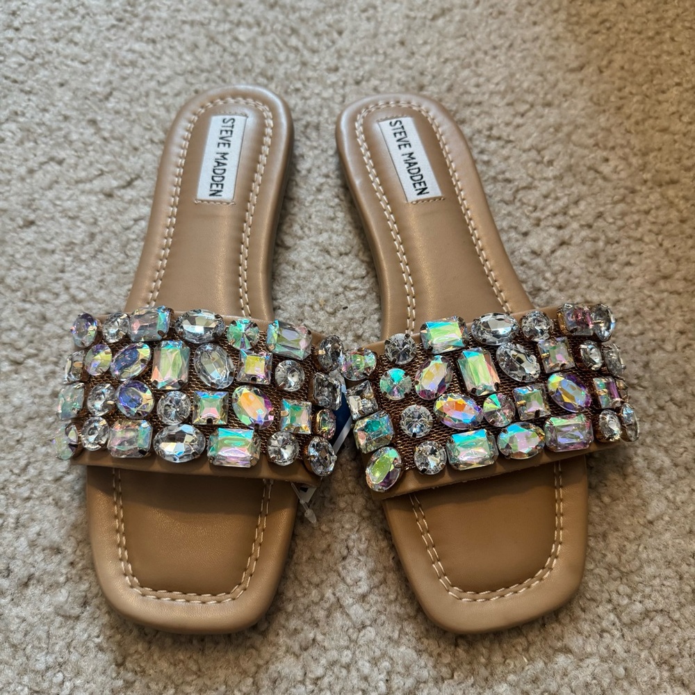 Steve Madden Tan Jeweled Slide Sandals